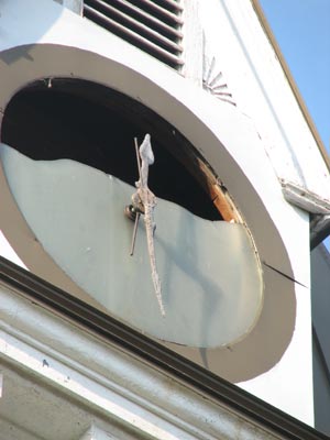 close-up of damage to the clock in the Ft. Snelling clock tower