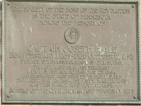Plaque commemorating Captain Joseph Hale, who died in 1898. The plaque was on the front of the abandoned Ft. Snelling HQ. It disappeared sometime between July 2006 and February 2007